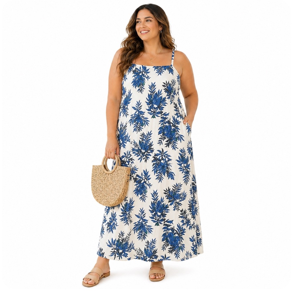 41 Hawthorn, Elegant Blue and White Floral Maxi Dress, Size xxl